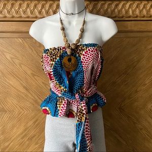 Blue Ankara Blue strapless Peplum Belted top